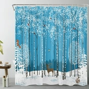 HVEST Winter Forest Shower Curtain,Blue Sky Reindeer Squirrels and Cardinals in the Snow Bathroom Shower Curtain Wildlife Polyester Fabric Decor Curtain with Hooks, 72X78 inch