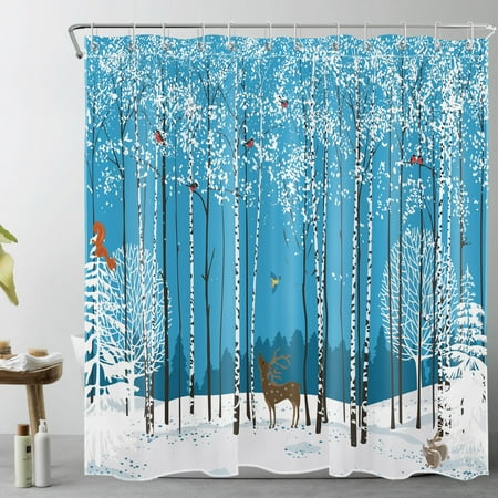 HVEST Winter Forest Shower Curtain,Blue Sky Reindeer Squirrels and Cardinals in the Snow Bathroom Shower Curtain Wildlife Polyester Fabric Decor Curtain with Hooks, 72X78 inch