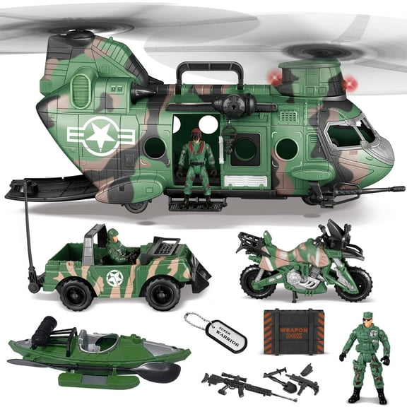Joyfy 10-in-1 Military Helicopter Toy Set with Light & Sound, Trucks, Boat, Bike, Army Men & Weapons - Army Toys for Boys, Christmas Birthday Gifts for Kids 3 