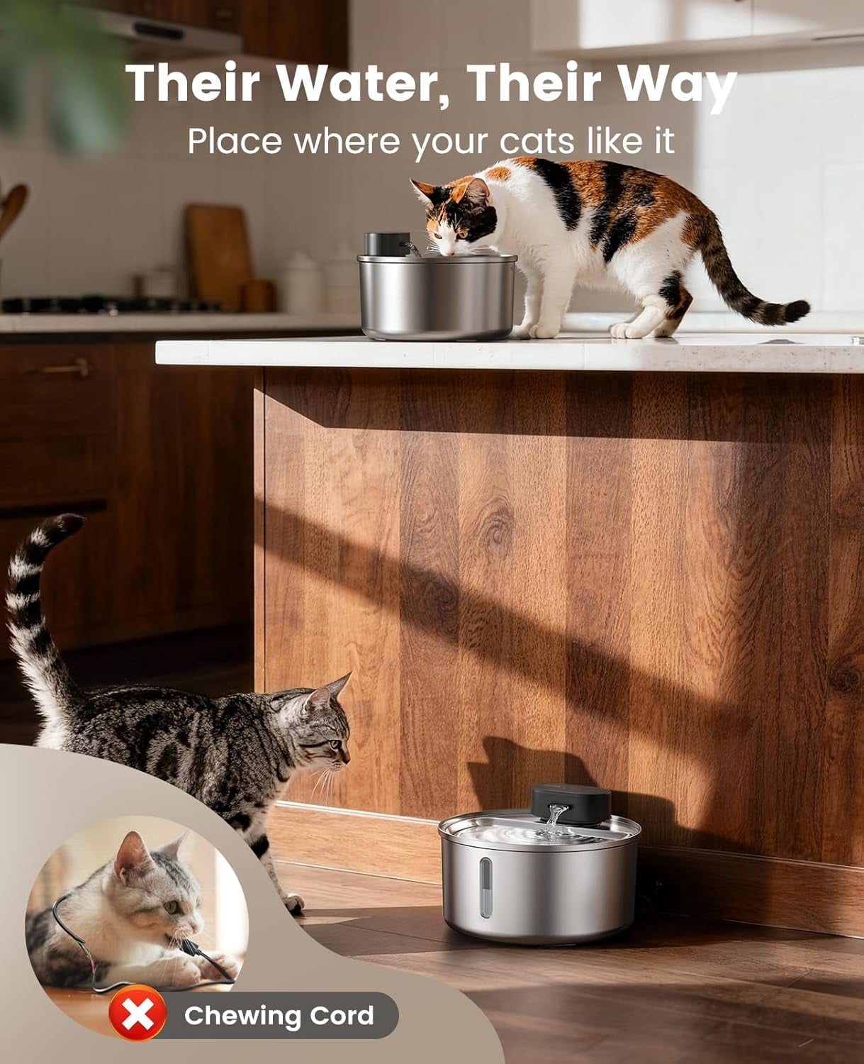 Stainless Steel Cordless Pet Water Fountain 3.2L Ultra Quiet SilentFlow Pump Motion Sensor Automatic Water Dispenser for Cats Indoor