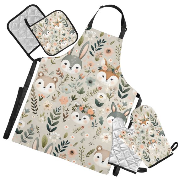 Cute Animals Face and Plant 5 Pcs Kitchen Set Heat Resistant Oven Mitts and Non-Slip Pot Holders with Adjustable Cooking Apron