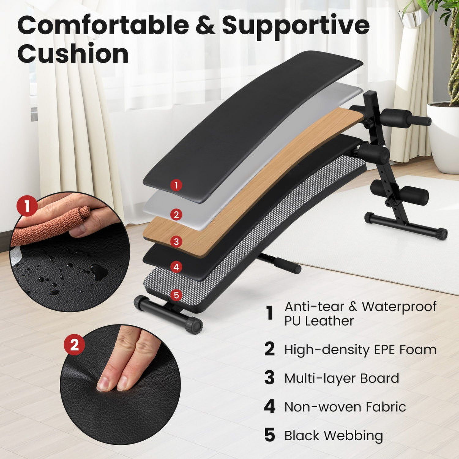 Spaco Adjustable Decline Sit Up Bench, 5 Adjustable Heights Exercise Back Cushion, Bench for Exercise for Indoor as Home, Gym, Black