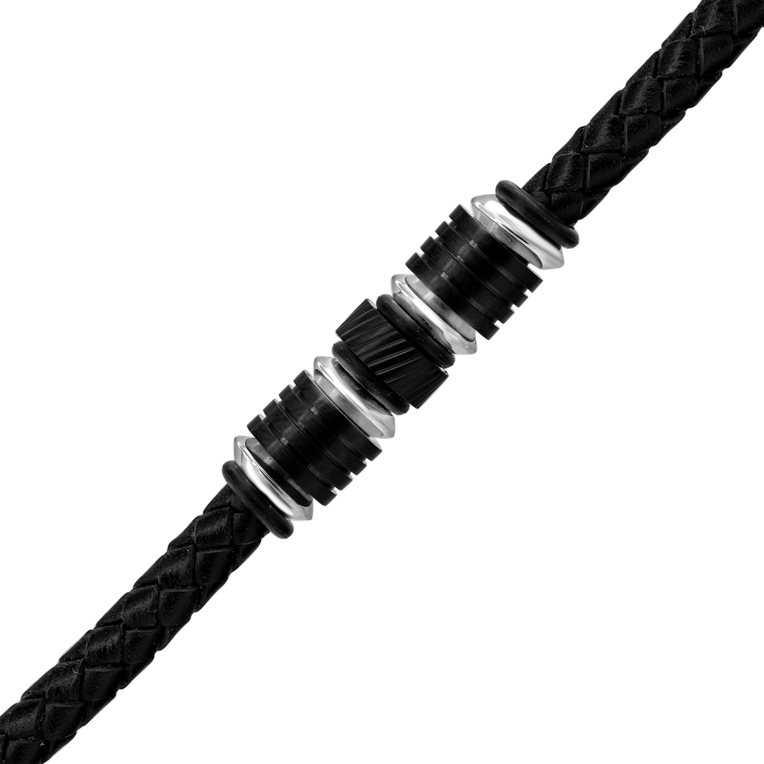 Mens Black Leather Stainless Steel Bracelet