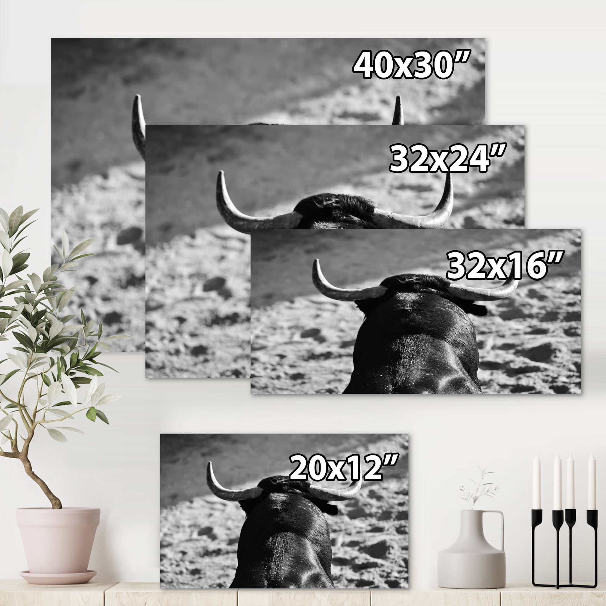 Designart ' Black and White Portrait Of A Spanish Bull II ' Farmhouse Canvas Wall Art Print