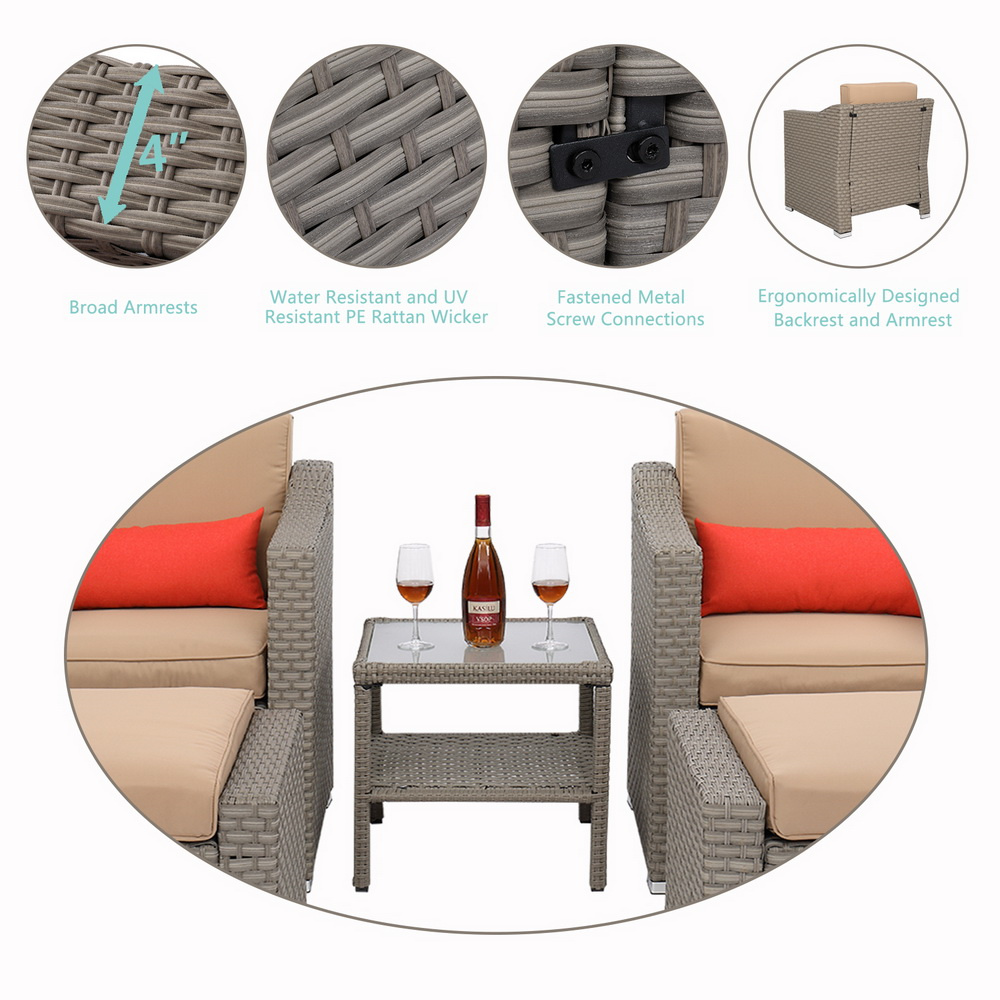 Wicker Patio Bistro Set, 5 Piece Outdoor Lounge Chair Conversation Set with 2 Cushioned Chairs, 2 Ottomans, Side Table, PE Wicker Rattan Patio Furniture Set for Backyard, Porch, LLL360 - image 4 of 10