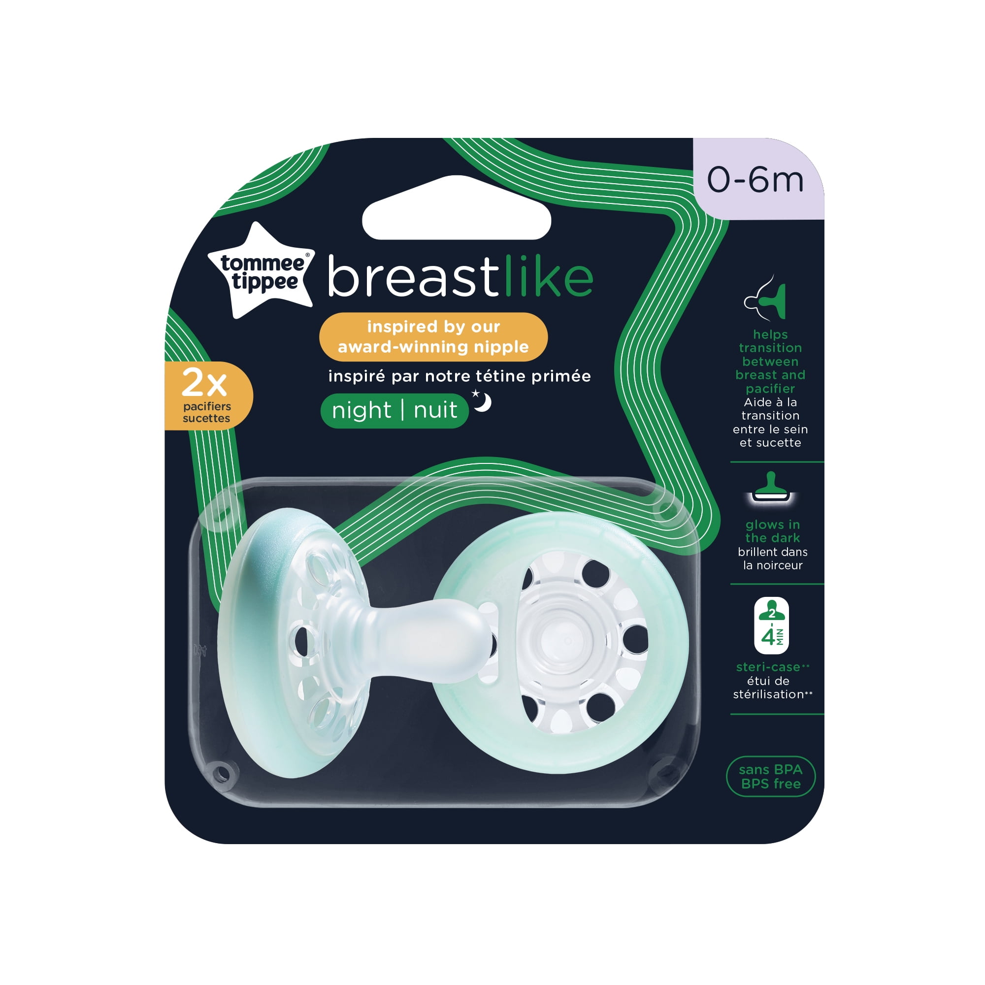 (2 pack) Tommee Tippee Breast like night pacifier, 0-6 months, pack of 2 pacifiers with breast-like shape and glow in the dark technology