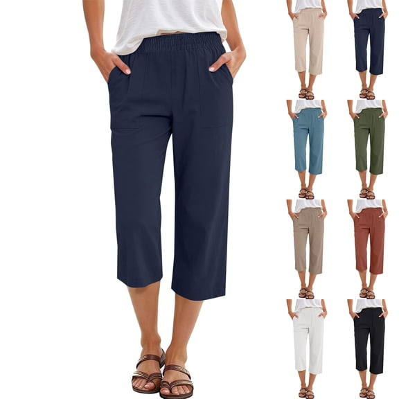Casual Womens Capri Pants Loose Straight Wide Leg 3/4 Length Summer Lounge Elastic Waist Trousers, Navy XL