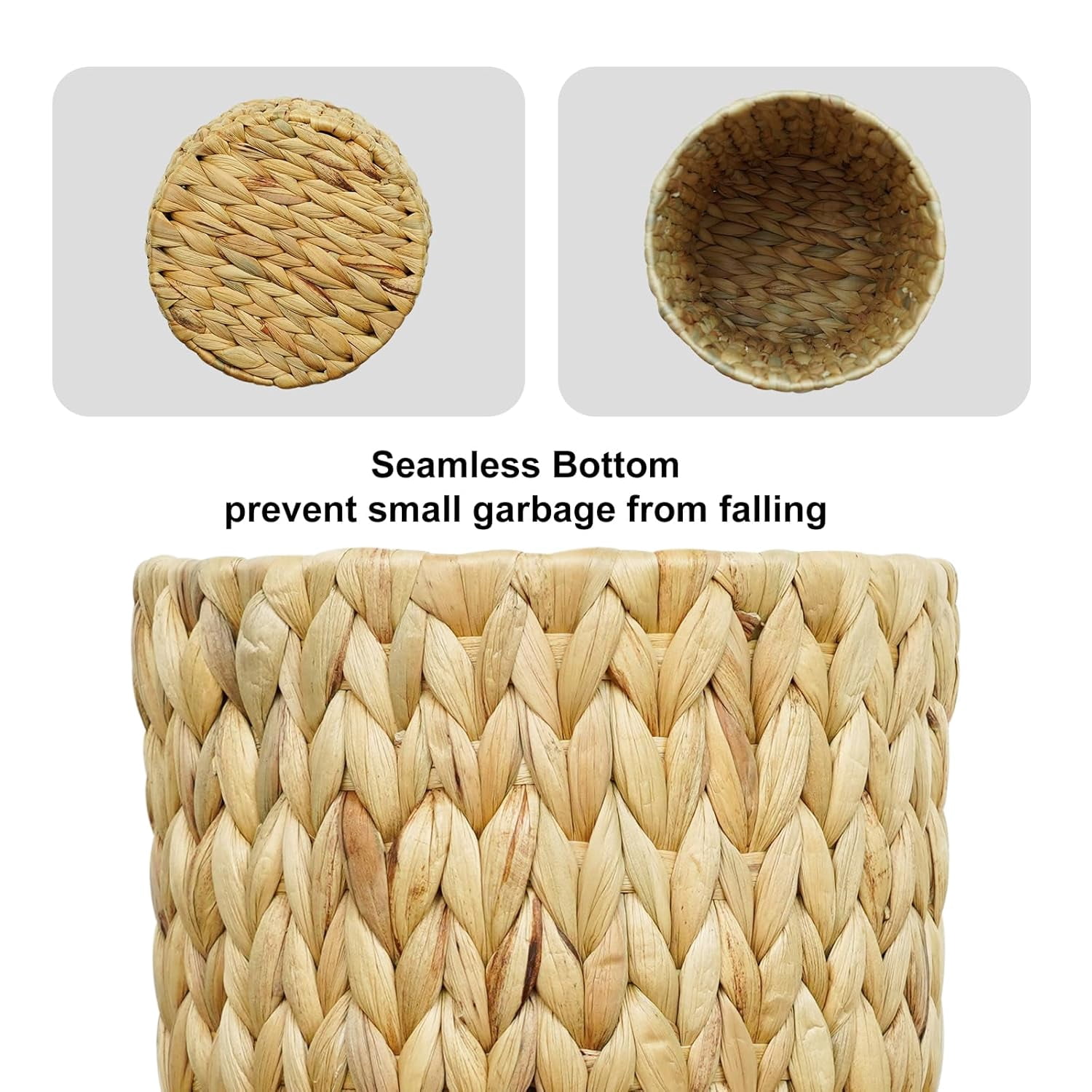 Wicker Trash Can, Small Water Hyacinth Waste Basket for Bathroom Home Office (2 Gallon Round)