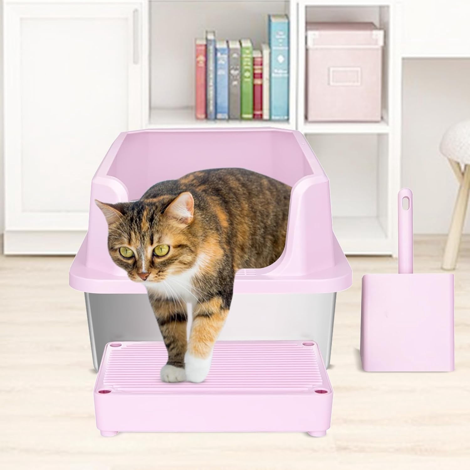 Stainless Steel Cat Litter Box, Semi-Enclosed Litter Box with Raised Edges, Anti-Leakage & Odorless, Large Litter Box for Small to Large Sized Cats (Dark Pink, 23.8" L*16" W*12" H)