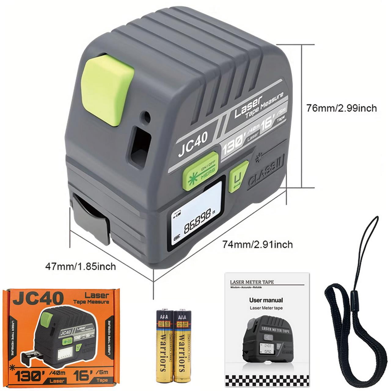 BOAYAL 2-in-1 Laser Tape Measure 131ft/40m Laser, 16ft/5m Tape, with Battery, LCD Backlit, Self-Locking, m/in/ft Measuring Tool Measurement Device