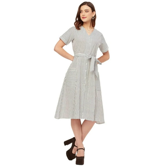 Moomaya Short Sleeve V Neck A-Line Cotton Dress - Women's Casual A-Line Dress