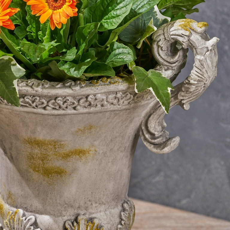 Egypt Outdoor Light Weight Concrete Chalice Garden Urn Planter, Antique White Egypt Outdoor Light Weight Concrete Chalice Garden Urn Planter, Antique White