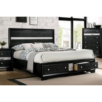 Queen Size Bed with Black Panel Headboard and Silver Accented Drawers - Bedroom Furniture