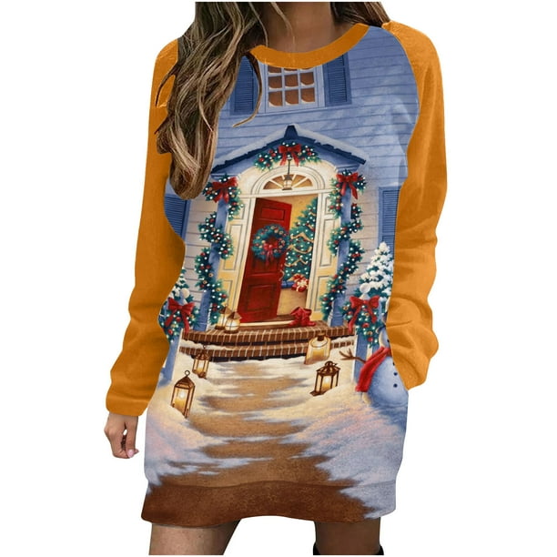 Nueva moda Casual estampado manga larga cuello redondo contraste Color suéter Top mujer ropa sudadera vestido Fridja yut1587