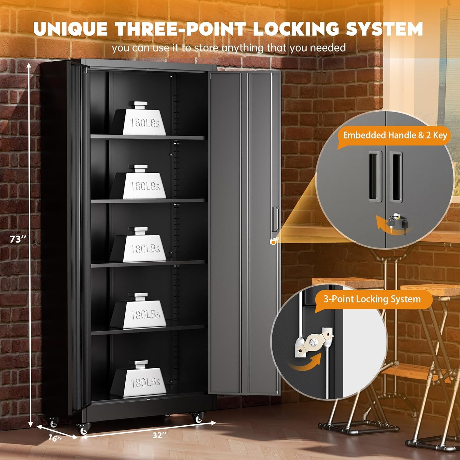 SUNCROWN 73" Storage Cabinet with Wheels,BlackMetal Rolling Garage Cabinet with Locking Doors and 4 Adjustable Shelves for Home,Kitchen,Office,Warehouse(32" W x 16" D)