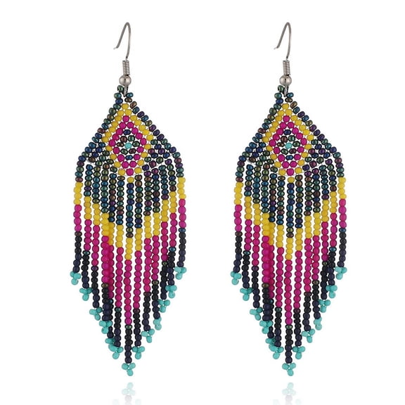 Native Seed Beads Earrings for Women,Boho Ethnic Fringe Dangle Drop Earrings,Colorful Bohemian Handmade Long Beaded Tassel Earrings,Multi-color Funky Fashion Chandelier Statement Jewelry