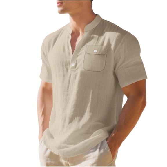 Hawaiian Shirt for Men Short Sleeve,Men Cotton Linen Henley Shirt Casual Short Sleeve Summer T Shirt Pocket Button Tee Top Beach Hippie Shirt