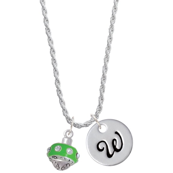 Delight Jewelry Silvertone Lime Green with Crystals Spinner Silvertone Script Initial Disc - W - Charm Necklace, 20"+3"