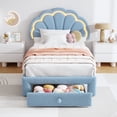 thumbnail image 2 of Twin Upholstered LED Bed Frame - with Storage Headboard & Storage Drawer, Berber Fleece Princess Platform Bed for Kids, Wood Support, No Box Spring Needed, Easy Assembly, Blue, 2 of 7