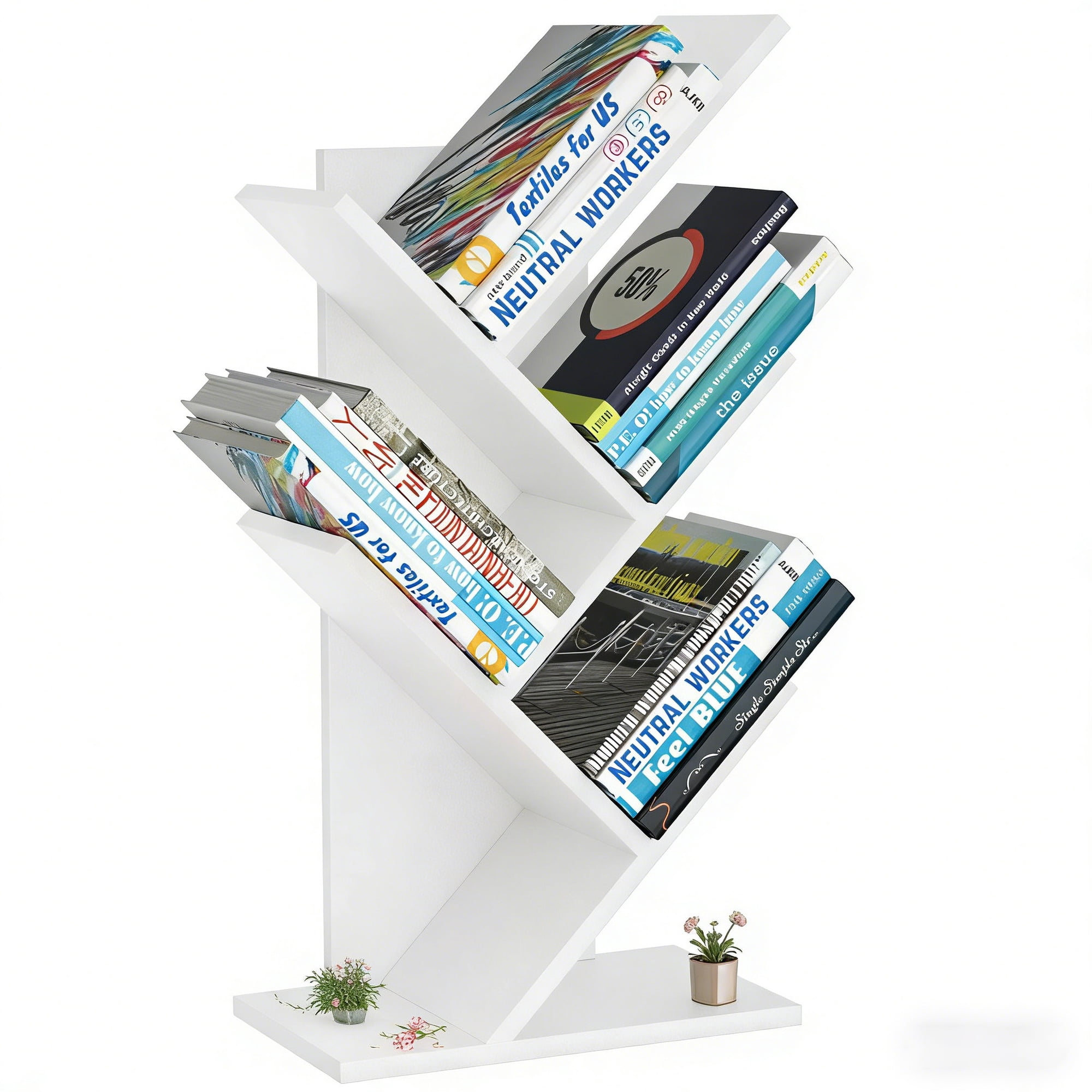 Buildhom 4-Tier Tree Bookshelf with Shelves, Freestanding Bookcase for Living Room, Bedroom, Home Office, White
