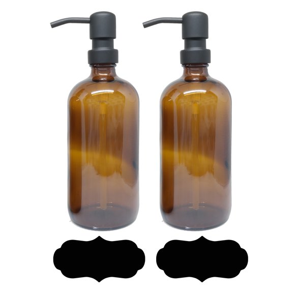2 Pack - 16oz Amber Glass Bottle with Black Liquid Pump – Amber Glass Bottle has UV Protection - Glass Soap Pump Bottles for Essential Oils - Dark Glass Metal Pump Bottles for Hand Soap