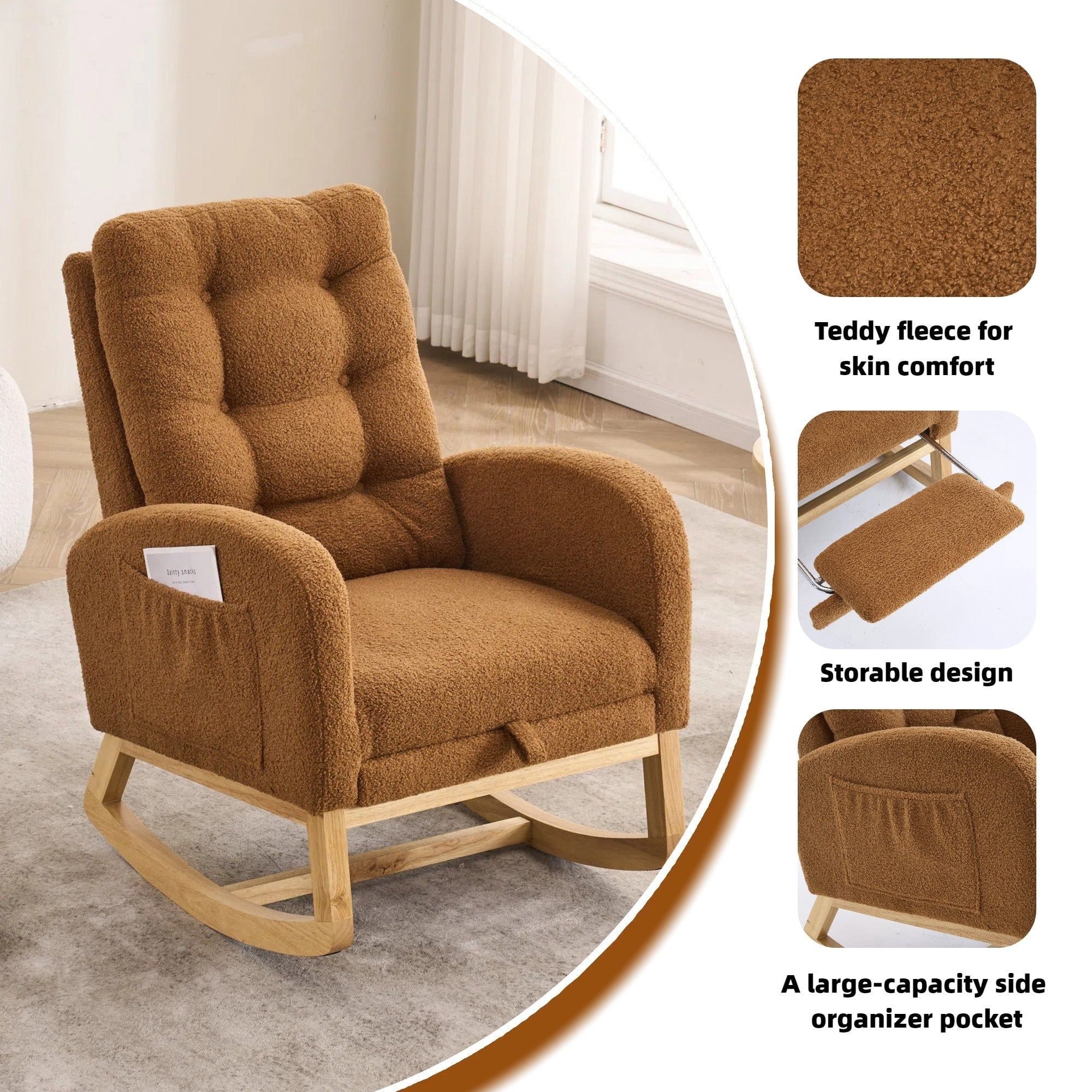 Sailvan Upholstered High Back Accent Rocking Chair with Footrest & Storage Pocket for Living Room