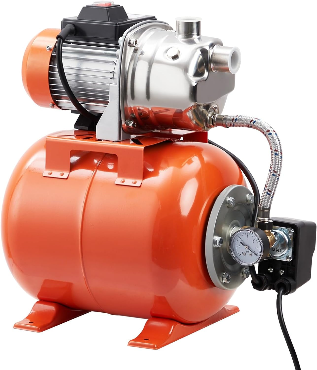 COZONY 1.6 HP Stainless Steel Shallow Well Pump With Pressure Tank, 22-44 PSI Pressure Switch,Automatic Water Booster Jet Pump For Home, Garden, and Lawn Irrigation,115V,Orange