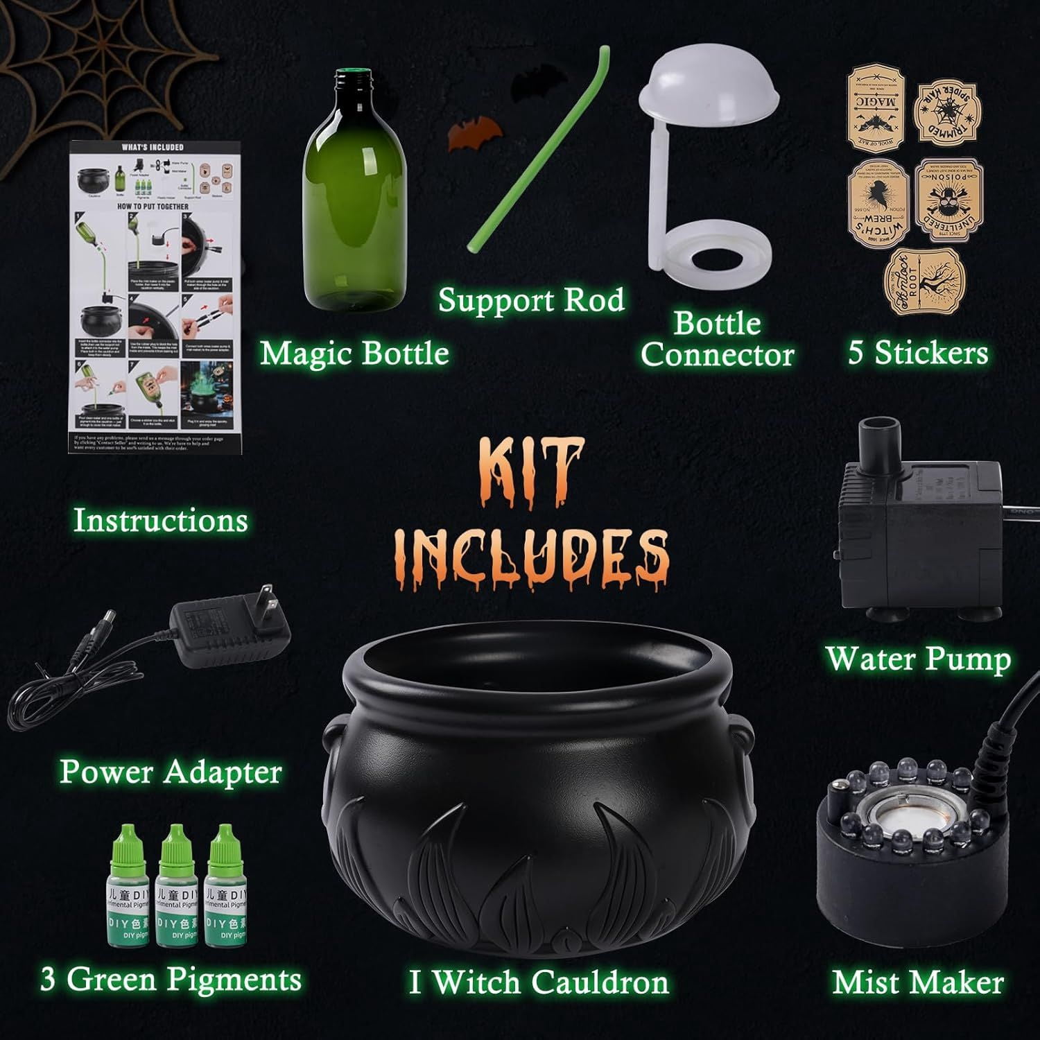 Halloween Decorations Indoor, DIY Floating Potion Set with Witches Cauldron and Mist Maker - Spooky Vintage Black Plastic Bowl Hocus Pocus Party Decor for Home Table Mantel Kitchen Room