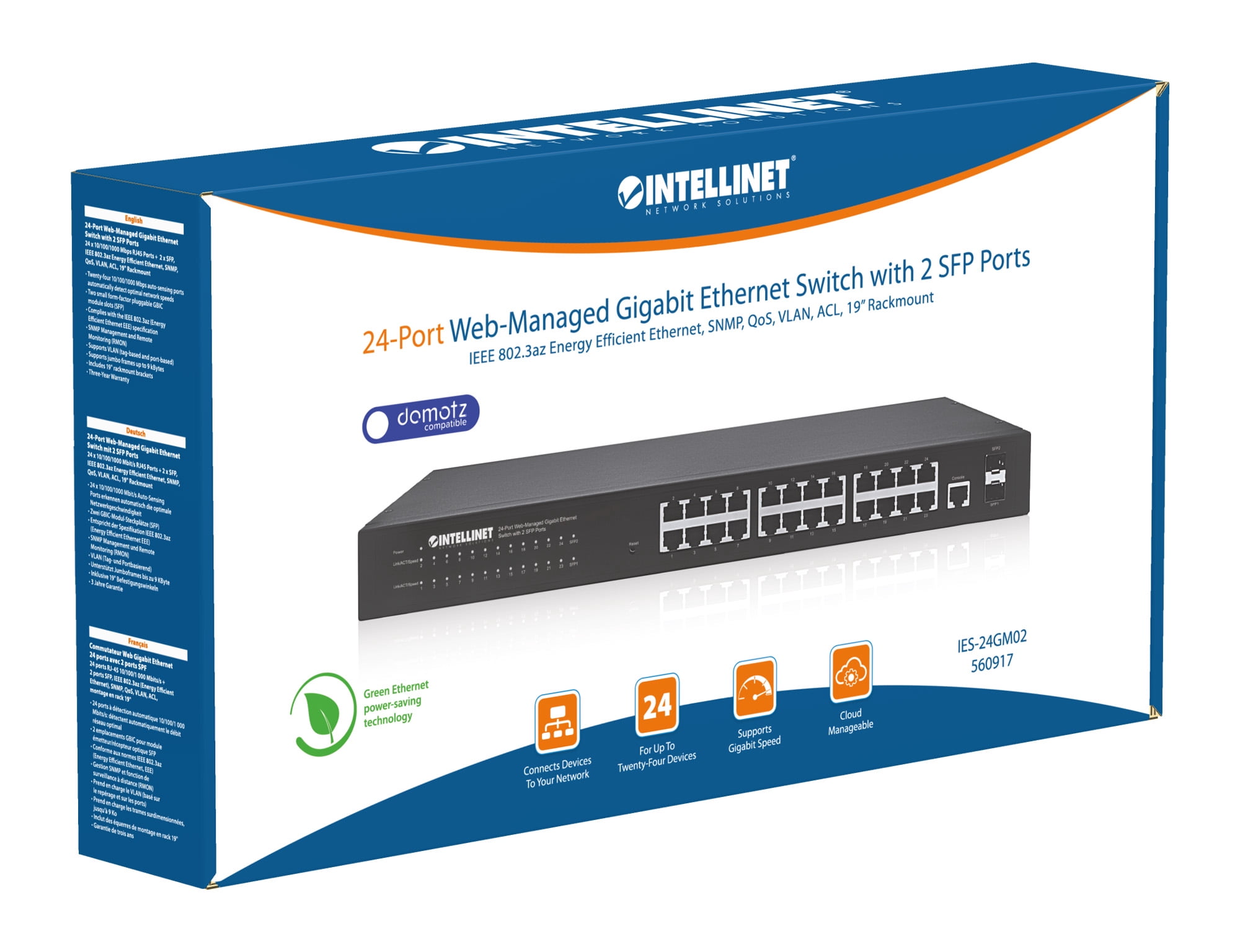 Intellinet 24-Port Web-Managed Gigabit Ethernet Switch with 2 SFP Ports | Fanless | VLAN, SNMP, 802.1X | NDAA