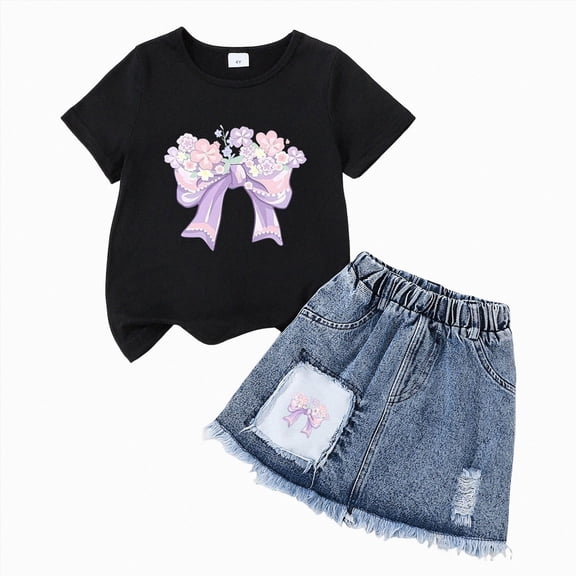 Kid Girls Clothes Outfits Bowknot T-Shirt Denim Short Skort Summer Clothing Set 5-6 Years