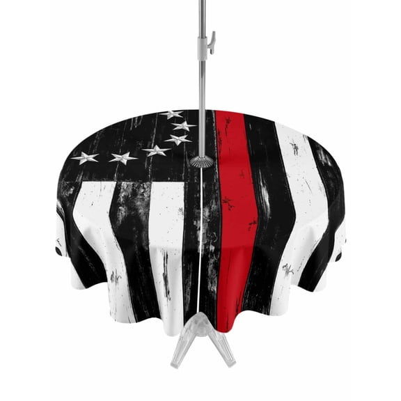 Outdoor Tablecloth with Umbrella Hole for Patio/Picnic/Party/Camping, Red American Flag Waterproof Table Cloth Round Cover Washable, Vintage USA Flag Stars (Dia 60")