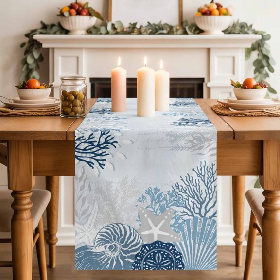 Summer Marine Life Table Runner, Ocean Coral Coastal Starfish Sand Dollar Cotton Linen Kitchen Table Decoration Washable Dining Tabletop Runners for Home Party Decor 13x72 Inches