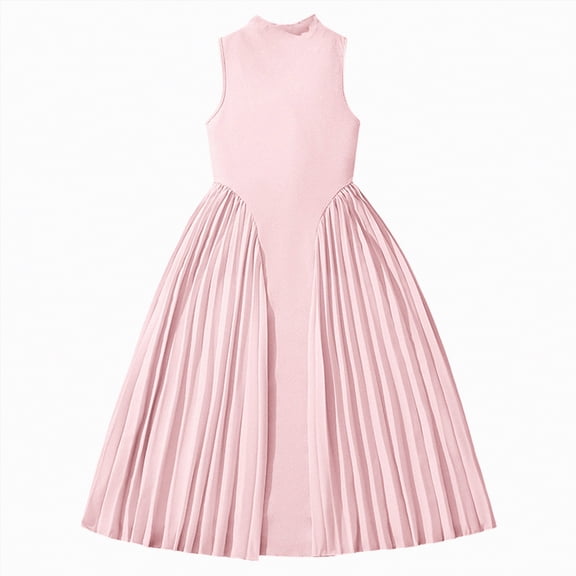 mgoYE Girls Dress Easter Dress Girls Stand Collar Sleeveless Dress Solid Patchwork Maxi Dresses Summer Casual Flowy Dress 7-12(Red,10-11 Years)