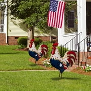 JeashCHAT Metal Patriotic Rooster Statue Rustic Yard Sign Porch Decor Lawn Garden Rooster Sculpture 4th of July Decorations Independence Day Party Home Decor, 7.87x11.8