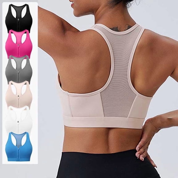 Feancey Womens Racerback Sports Bras Mesh Breathable Zipper Front Closure Bra Comfort No Underwire Yoga Workout Bra Solid Color Push Up Bralettes Beige L