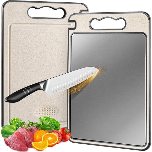 Titanium Cutting Board Double Sided for Kitchen,Knife Sharpener & Garlic Grater Wheat Straw + PP with Juice Groove Large Chopping Board(15×10In) Kitchen Necessities for Home