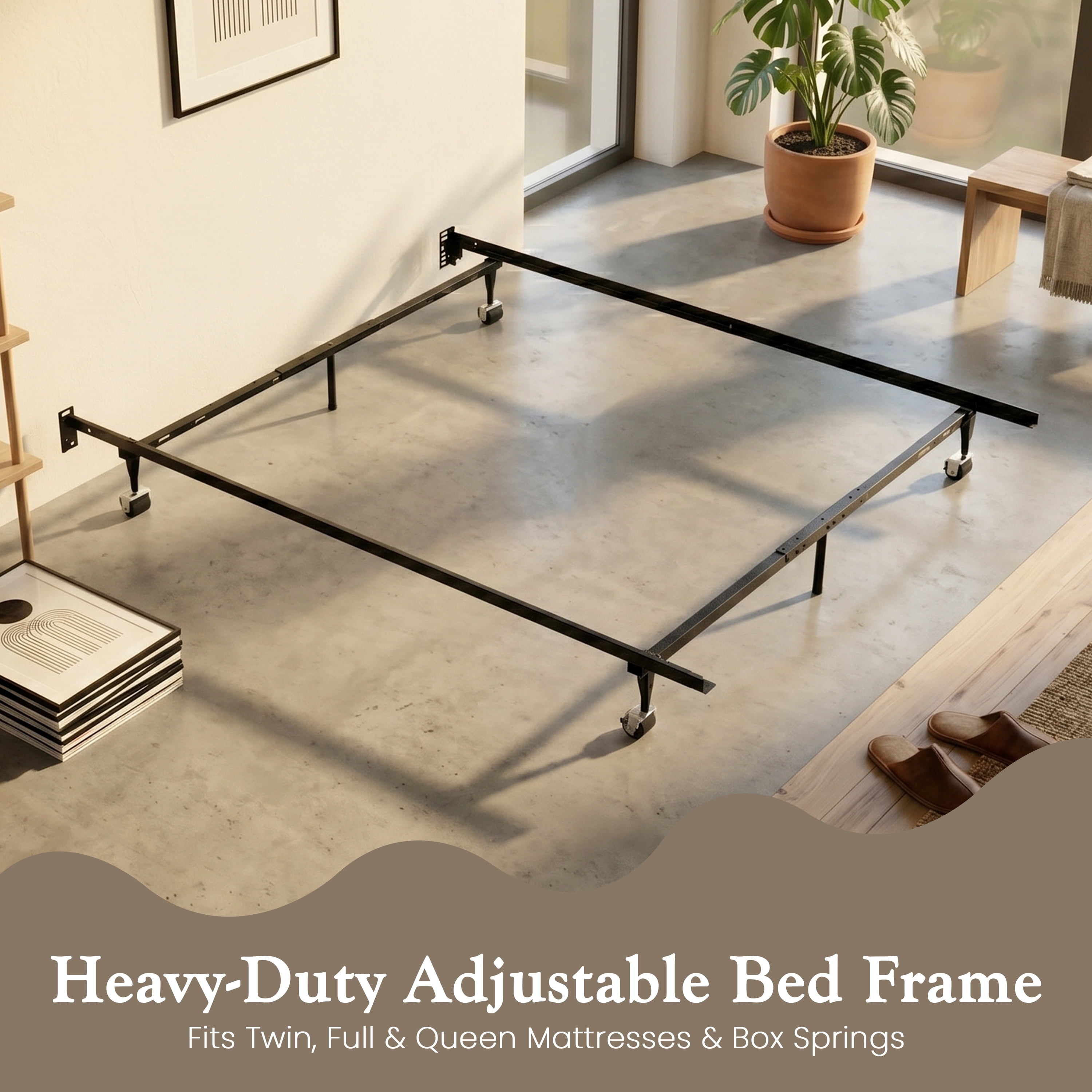 Kings Brand Furniture Metal Adjustable Bed Frame for Twin/Full/Queen Sizes with Rug Rollers & Locking Wheels