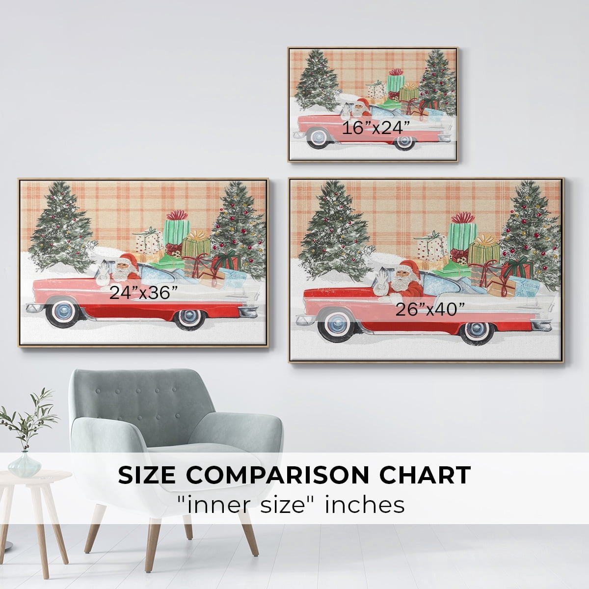 Santa on Wheels Collection A - Framed Gallery Wrapped Holiday Canvas - 17 x 25 - Natural Wood Frame