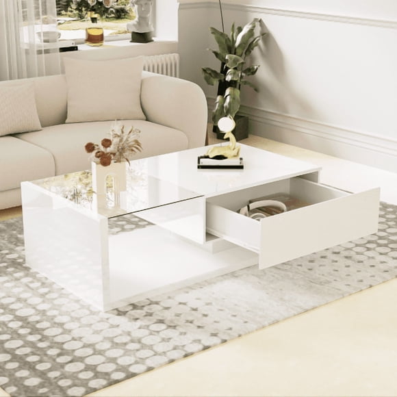 41.5 in Coffee Table with Glass and LED Effect High-Gloss White Side Tables