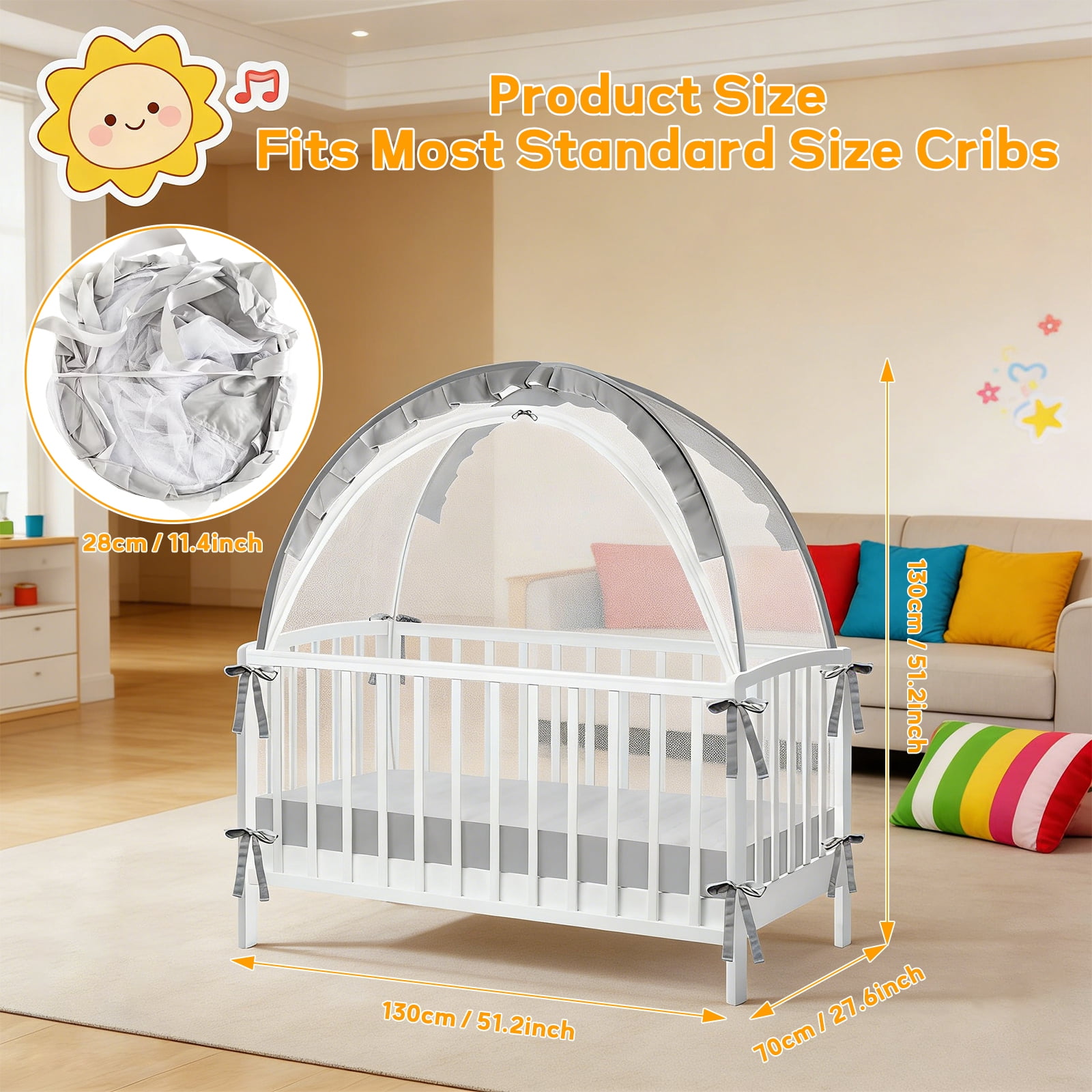 Baby Crib Tent, Pop Up Mosquito Crib Net with Double Zipper Self-Locked,1200 Holes/Inch Mesh to Keep Baby from Climbing Out, Portable Easy Install Mosquito Net 51.18" L x 27.56" W x 51.18" H