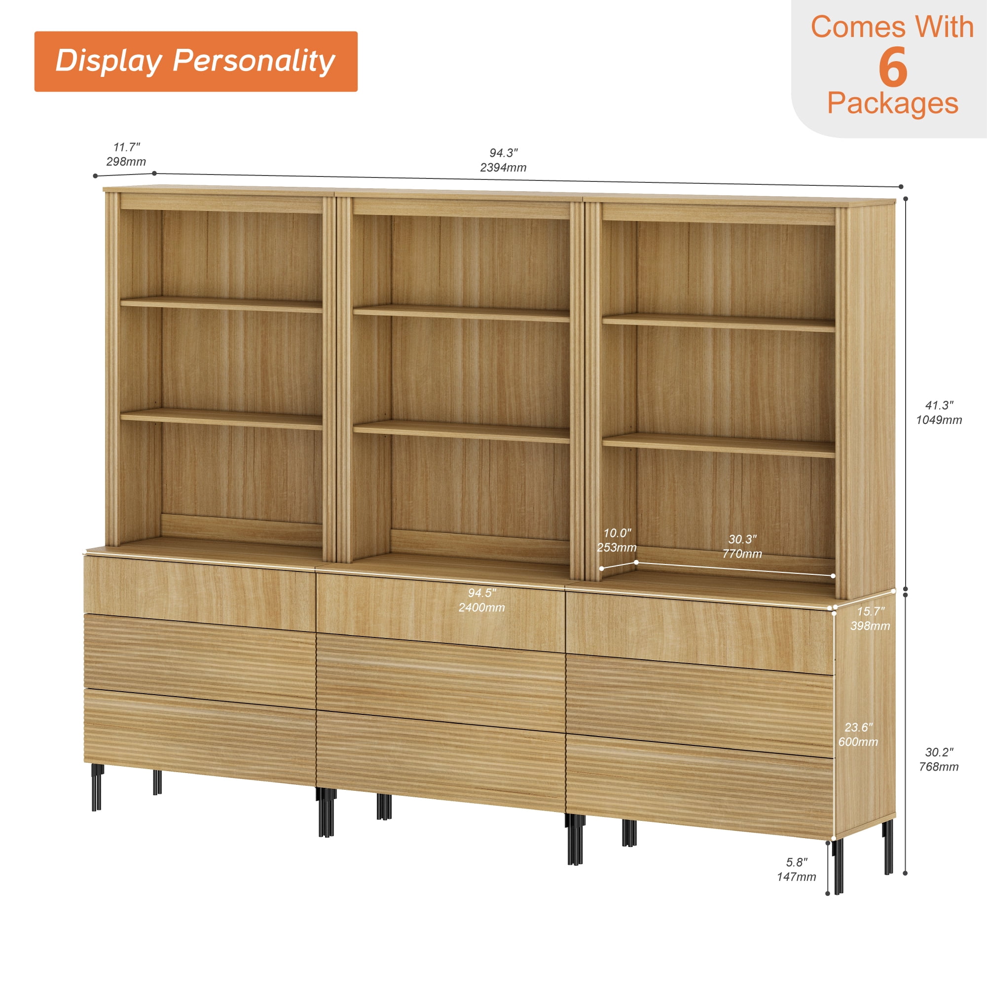 71.6"H X 94.5"W Set Of 3 Bookcase with Storage Cabinets, 9 Tier Bookshelf with Fluted Drawers and Adjustable Shelves, Large Modern Display Cabinet For Living Room Bedroom Home Office Kitchen