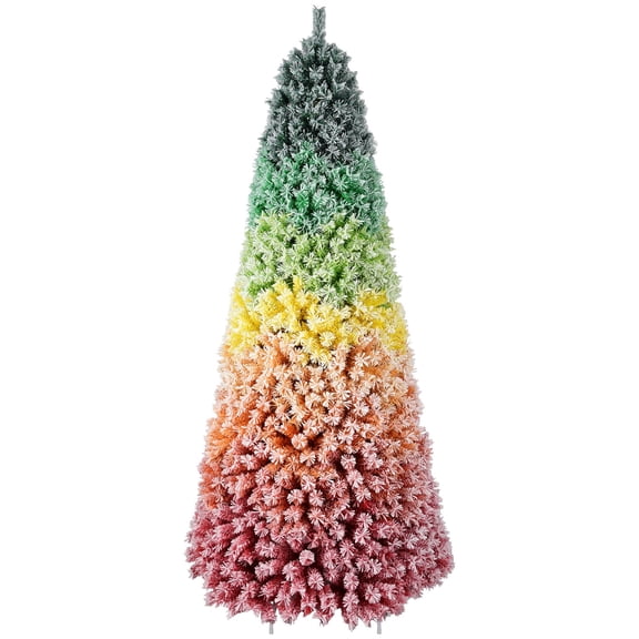 6ft Rainbow Gradient Flocked PVC Christmas Tree with 1326 Tips, Colorful Full-Bodied Artificial Pine with Snowy Finish, Hinged Design and Sturdy Metal Stand for Holiday Decoration