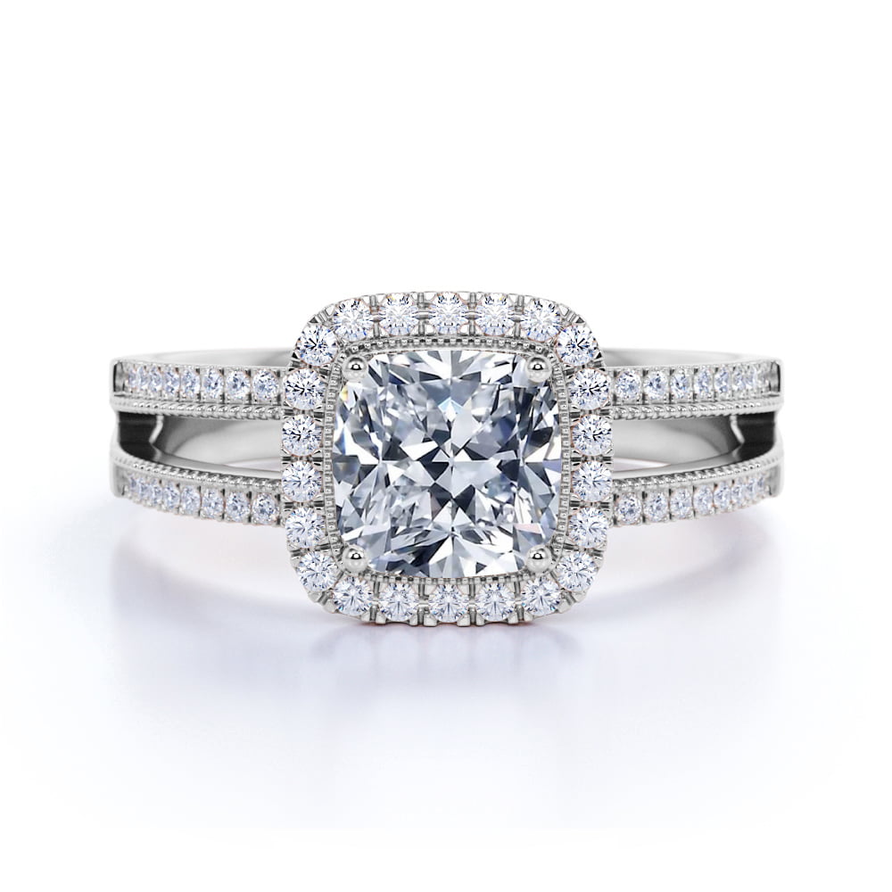 Round Cut Diamond Ring  Solitaire Accent Diamond Ring  Double Halo Set Ring  Party Wear Diamond Ring  Spli Shank Diamond Ring