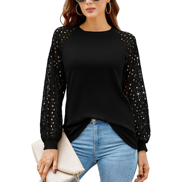Aiyino Women’s Long Sleeve Tops Lace Casual Loose Blouses T Shirts ...