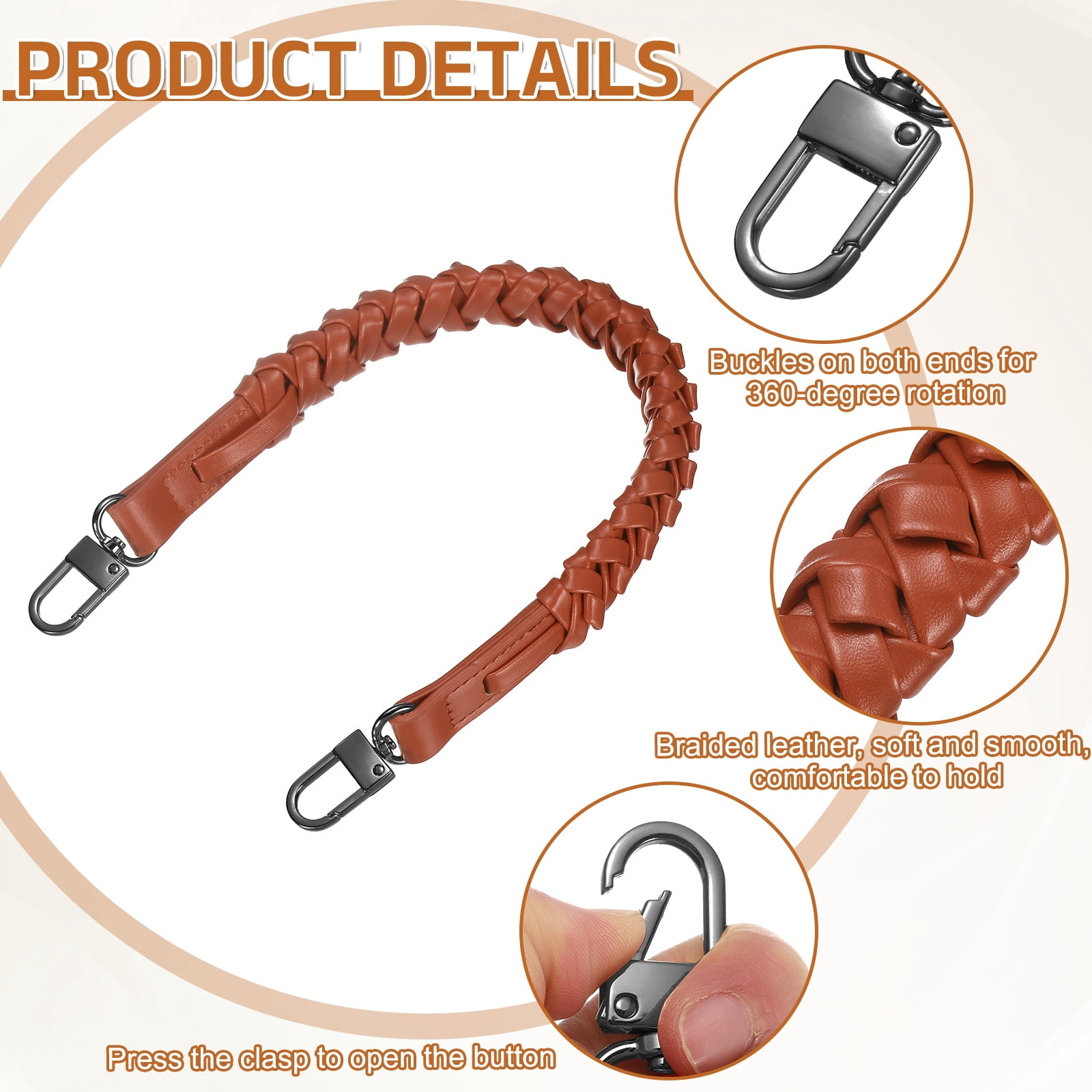Braided Purse Strap, 2Pack 44.7cm/17.6" Orange-Red PU Leather with Black Buckles for Underarm Bags, Handbags
