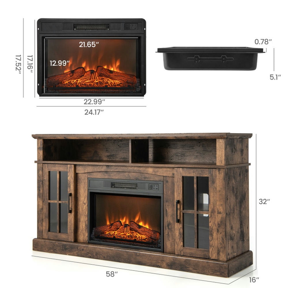 Finihen TV Stand, Entertainment Center, Fireplace TV Stand for TVs Up to 65 Inch with Side Cabinets and Remote Control, for Living Room, Brown