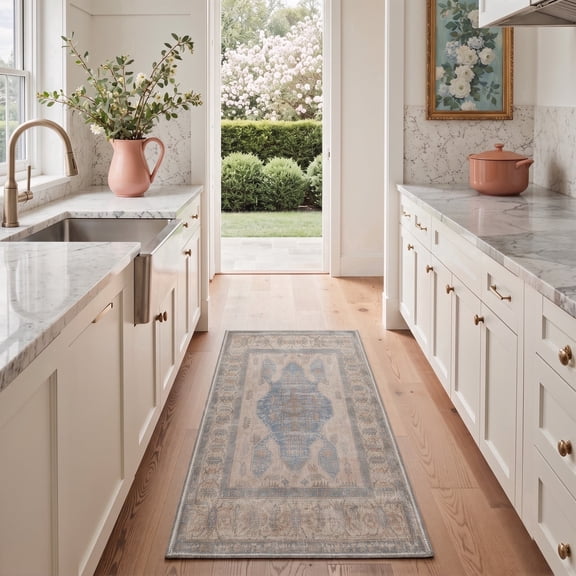 GENIMO 2' x 6' Runner Rug, Washable Non Slip Soft Vintage Persian Hallway Runner for Kitchen Entryway Laundry Room, Dusty Blue
