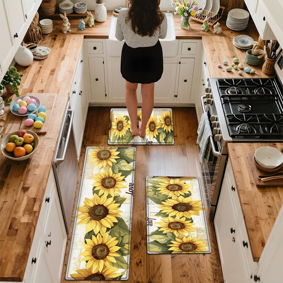 YIMEIS Sunflowers are in full bloom 3Pcs Kitchen Mat Set, Flannel Non-Slip Machine Washable Rugs for Kitchen Floor & Sink Area
