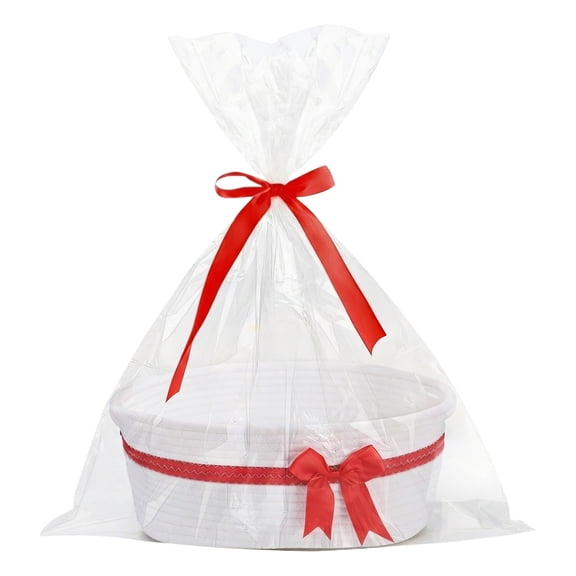 Easter Woven Gift Basket Empty with Ribbons Bow Tie and Bag Easter Empty Decorative Woven Rope Storage with Handles Home Decor White
