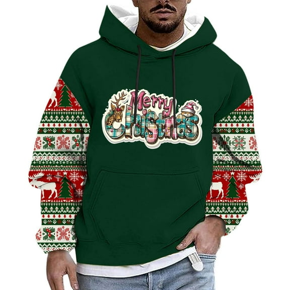 Plus Size Mens Christmas Hooded Xmas Tree Elk Print Color Block Long Sleeve Sweatshirt with Kangaroo Pocket